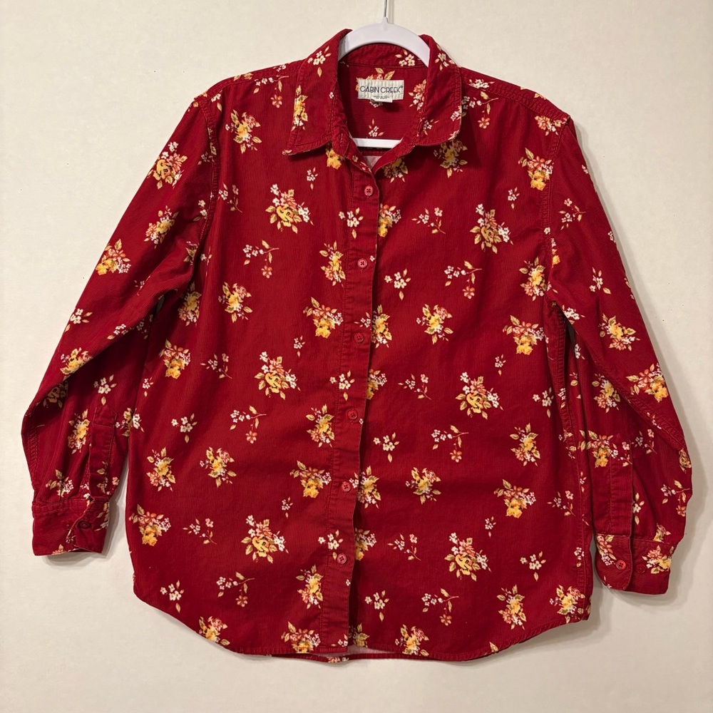 Cabin Creek Shirt Vintage Bottom Up Long Sleeves Flora Corduroy Cotton Red Large